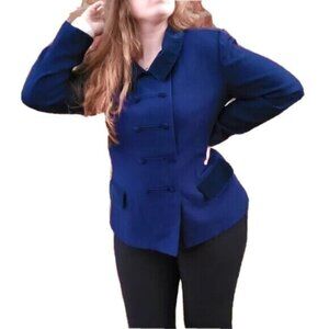 Renlyn Womens Vintage Blue Velvet Collar Button Up Jacket Blazer Size 16